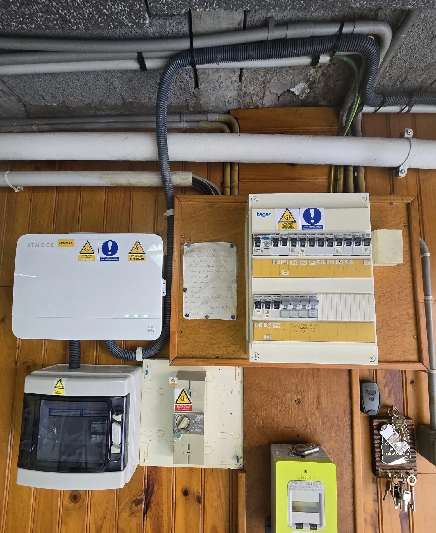 Coffret AC Atmoce raccordé par ISL CLIM au tableau électrique d’une maison, près du compteur Linky