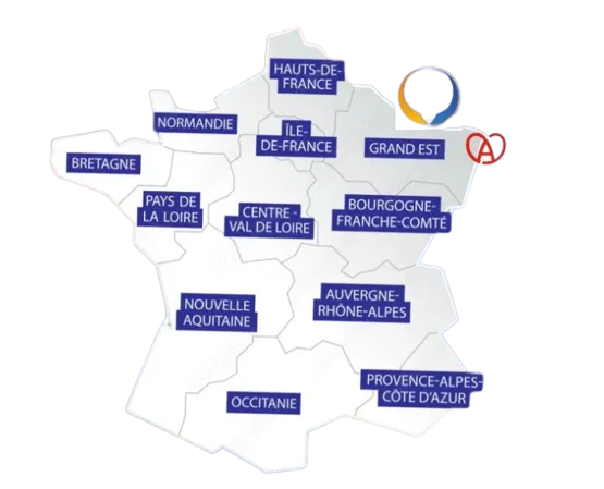 Carte de France signalant la région Grand Est, zone d’intervention d’ISL CLIM pour l’installation de pompes à chaleur, de panneaux photovoltaïques et de batteries de stockage